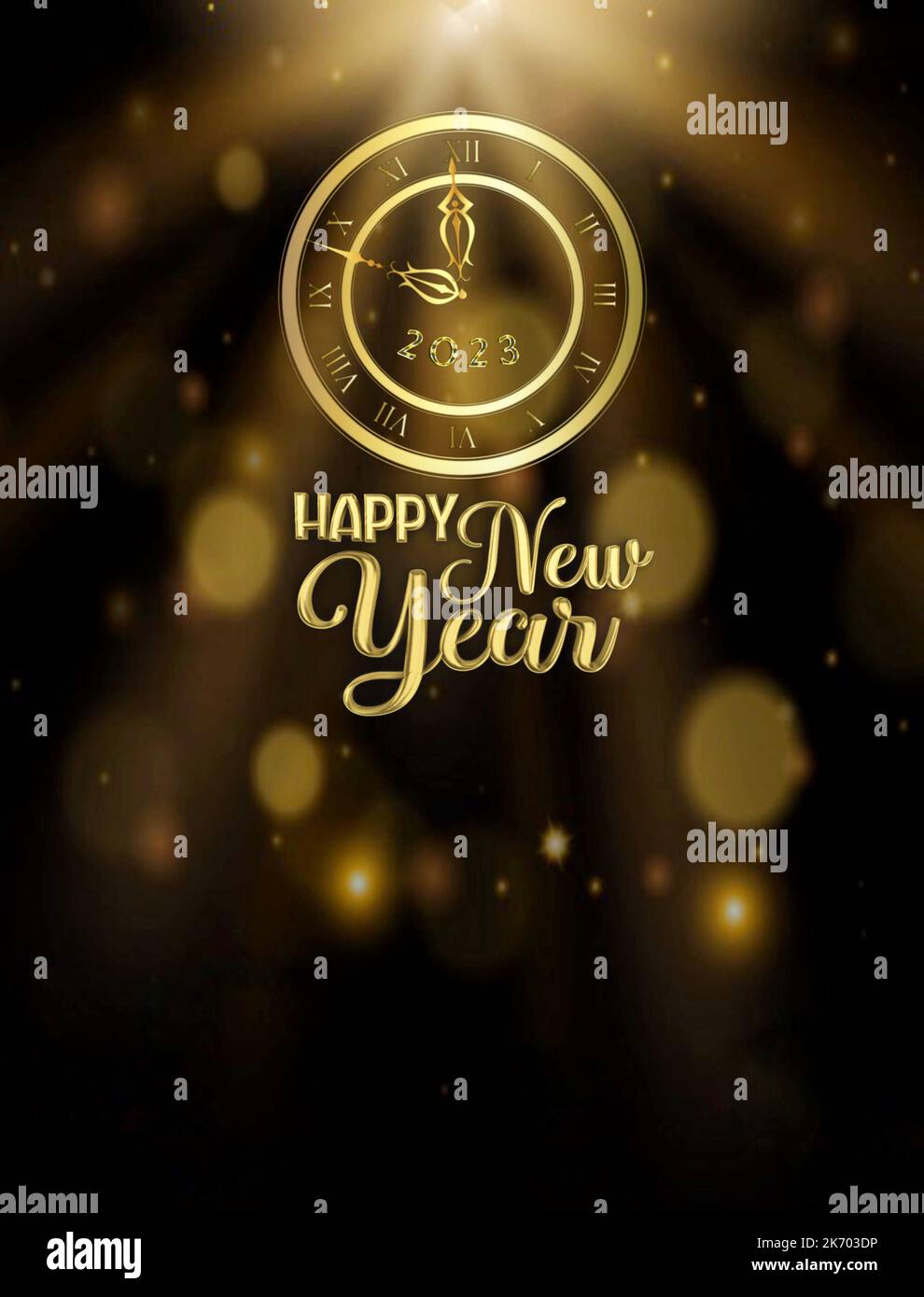 Happy new year 2023 greeting card with bokeh lights, fireworks and