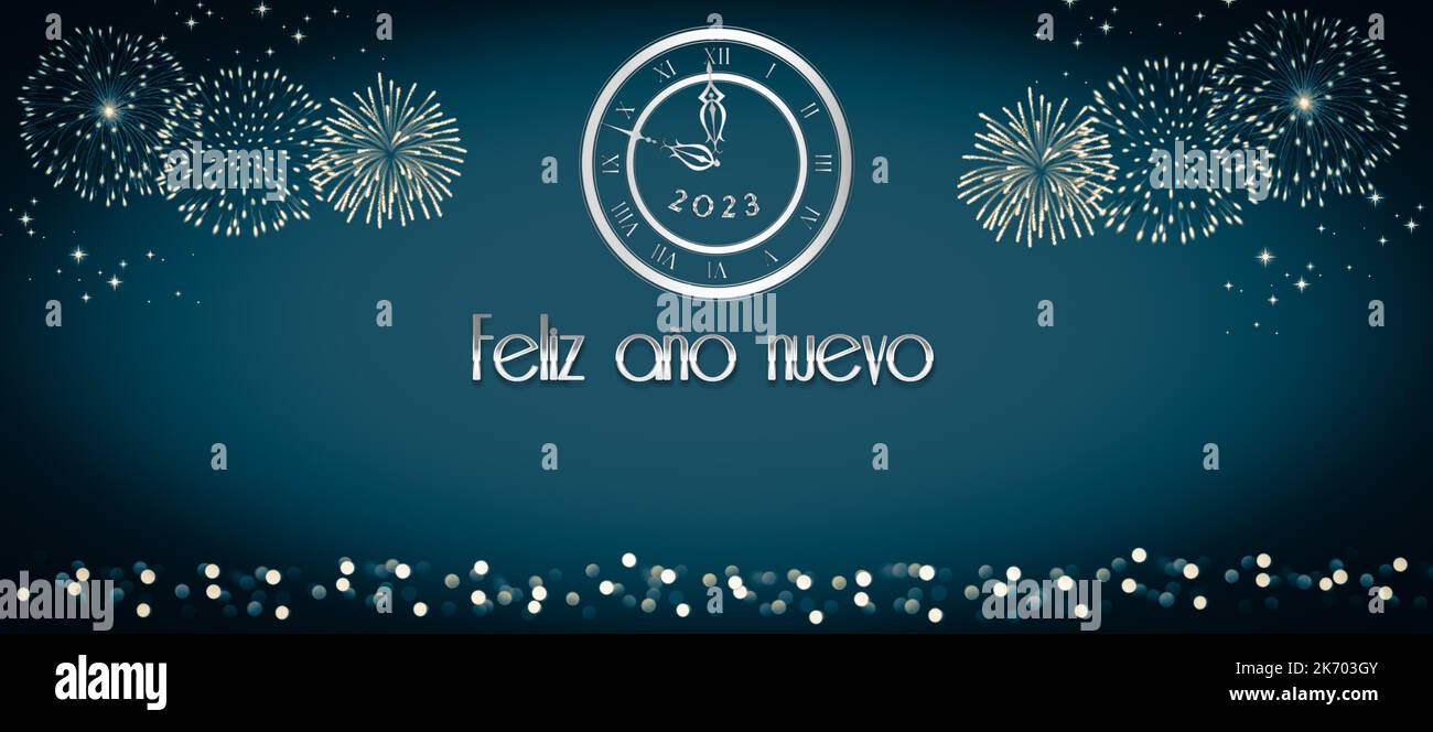 Happy new year 2023 greeting card with bokeh lights, fireworks and