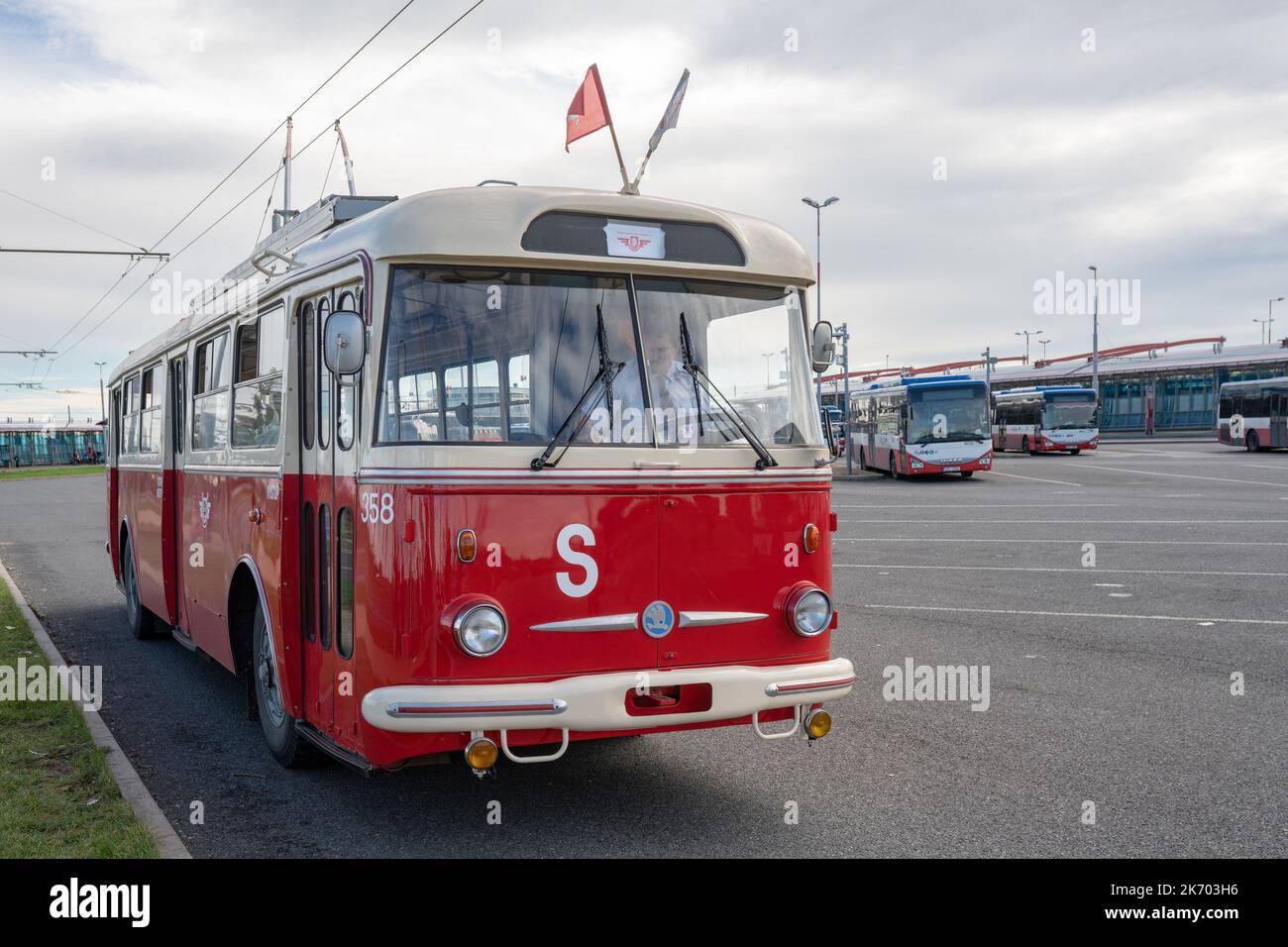 Czech trolleybus on public display in the open. Škoda 9Tr type produced from 1950s to 1980s. Stock Photo