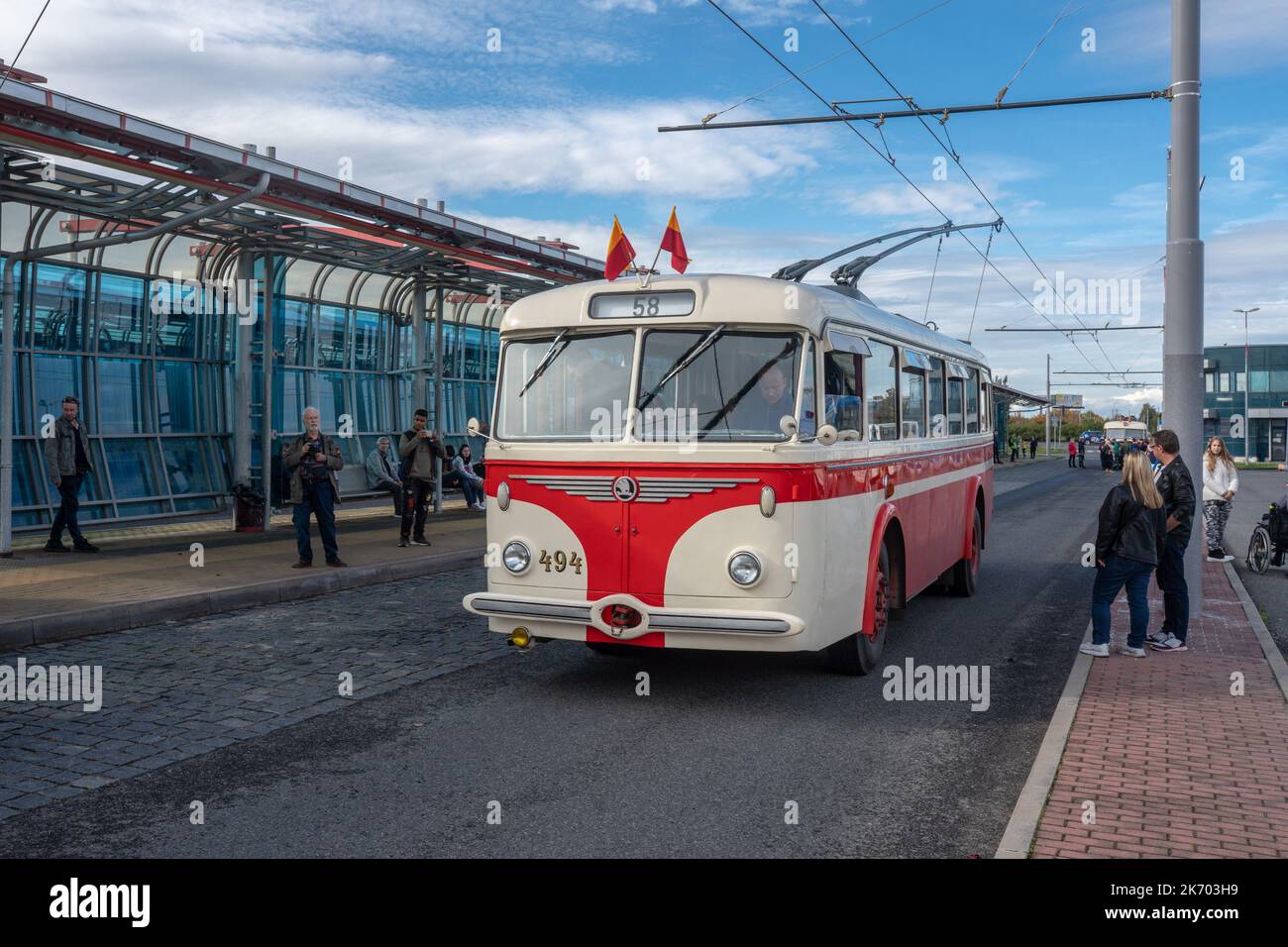 Czech trolleybus on public display in the open. Škoda 8Tr type produced from 1950s to 1960s. Stock Photo