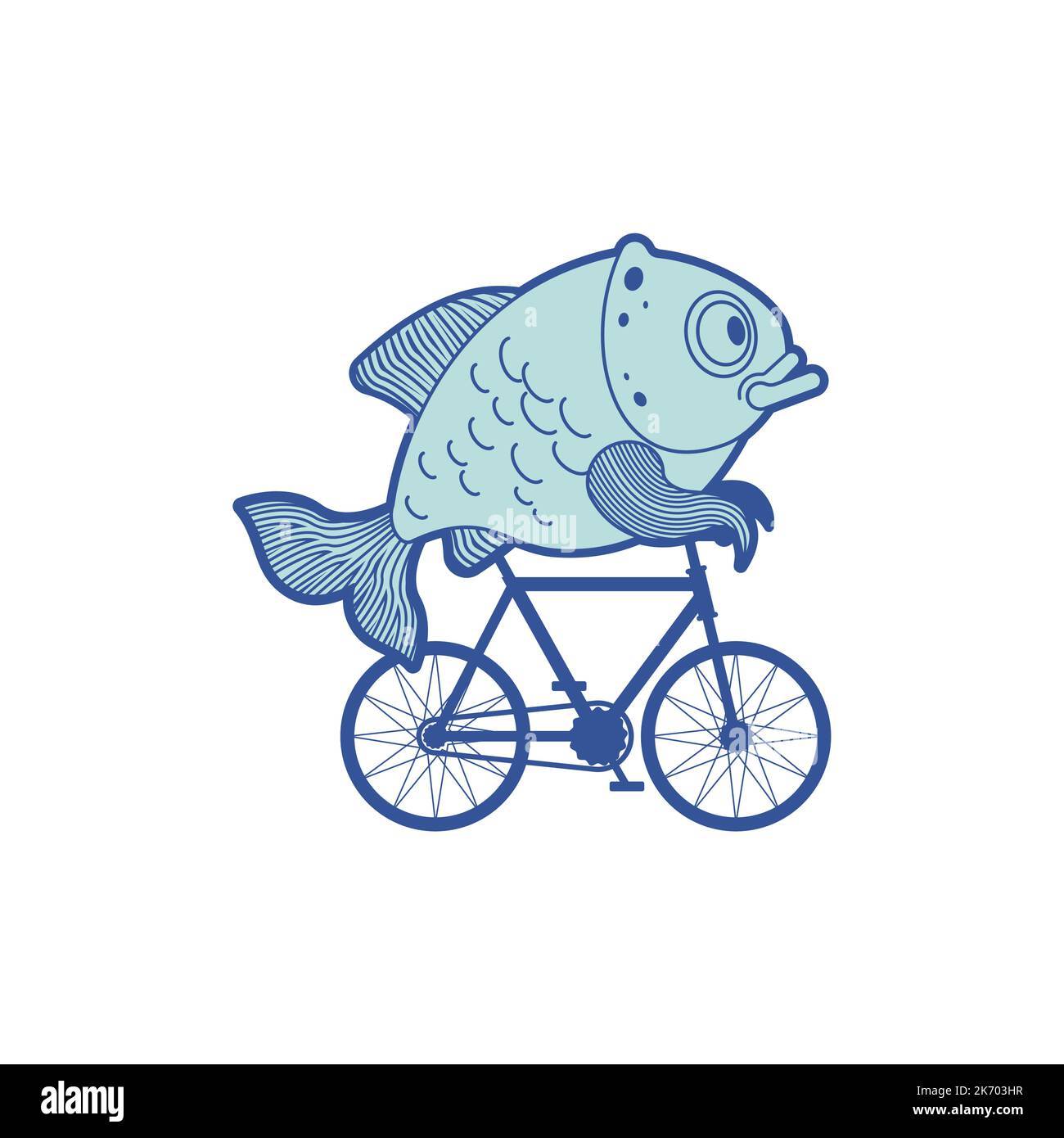Fish on bike. Carp on bicycle Cartoon. Vector illustration Stock Vector