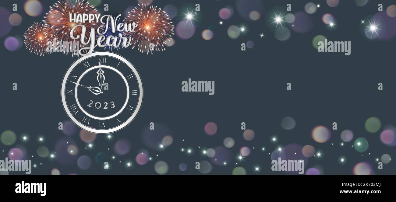 Happy new year 2023 greeting card with bokeh lights, fireworks and
