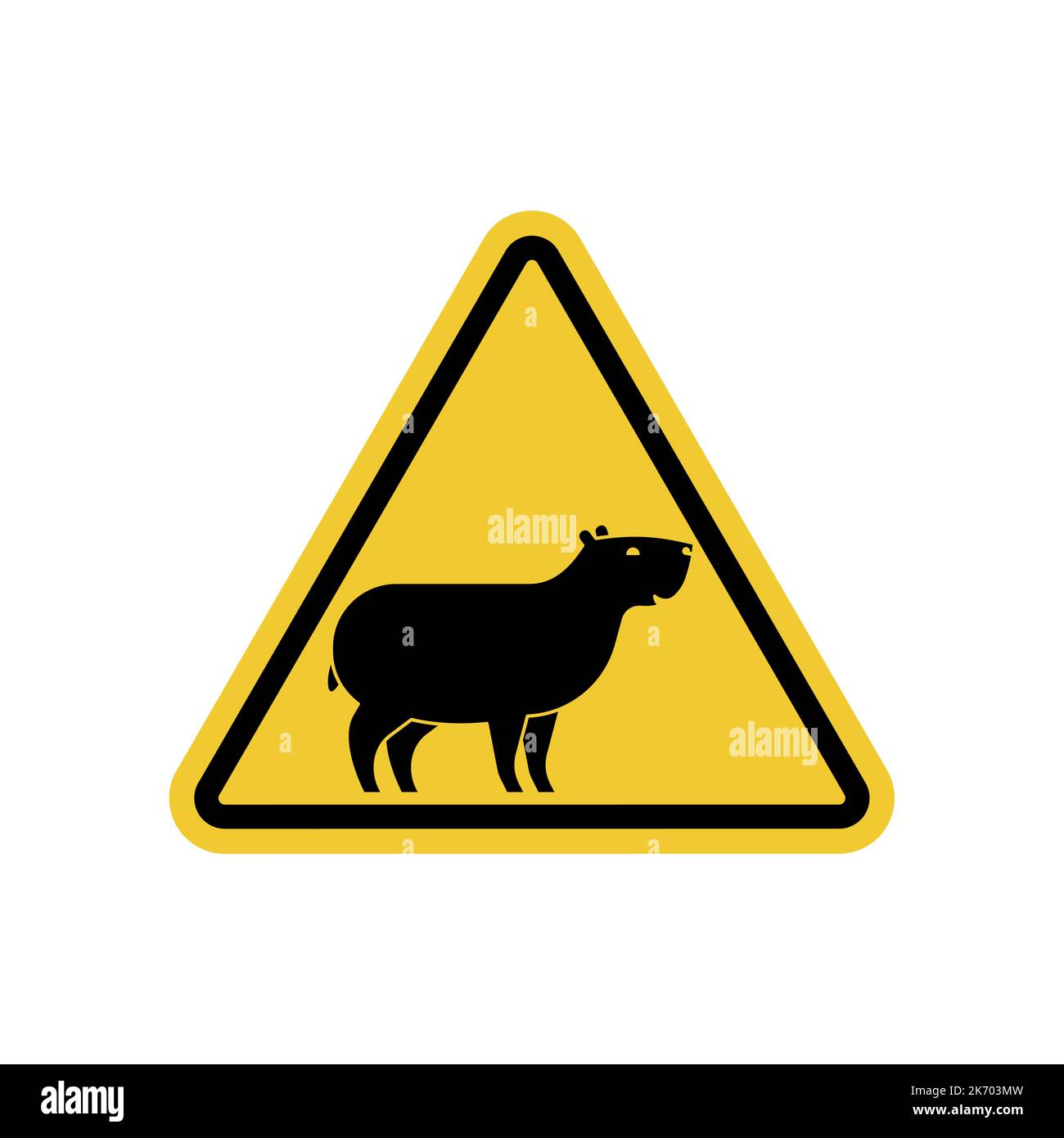 Attention Capybara. Caution guinea pig. Yellow Danger road sign. Stock Vector
