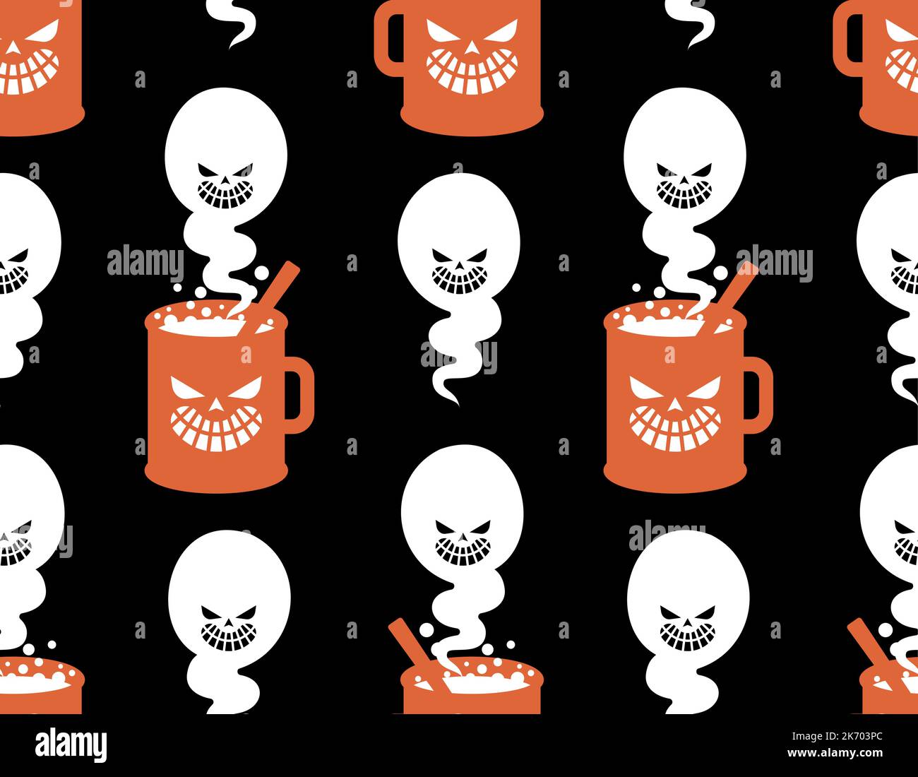 Cup and ghost Pattern seamless. Steam from mug is like phantom Background. halloween texture Stock Vector