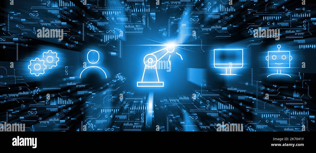 The concept of automatism and the work of artificial intelligence in the form of holographic icons Stock Photo