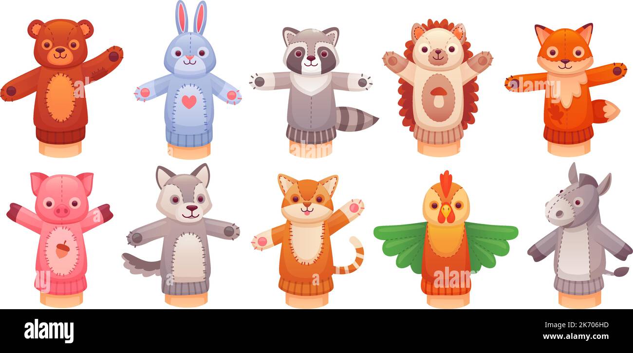 Hand puppet toys. Funny animal toy from sock for doll show theatre of puppeteers, children play hands or finger in kindergarten teddy bear fox rabbit, vector illustration of theater show puppets Stock Vector