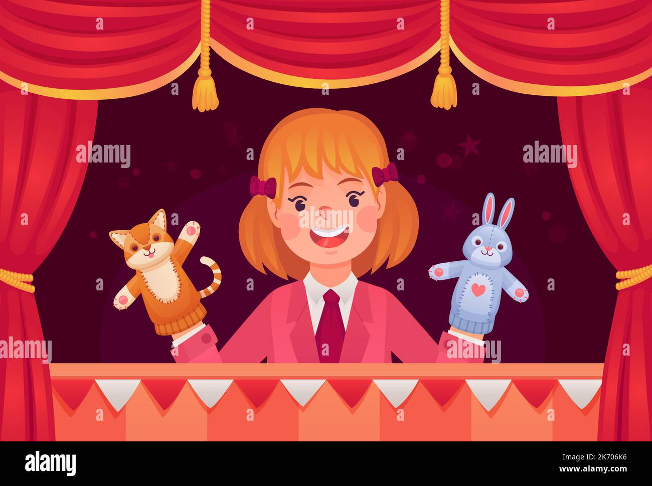 Kid play sock puppets. Happy preschool child playing hand puppet toy