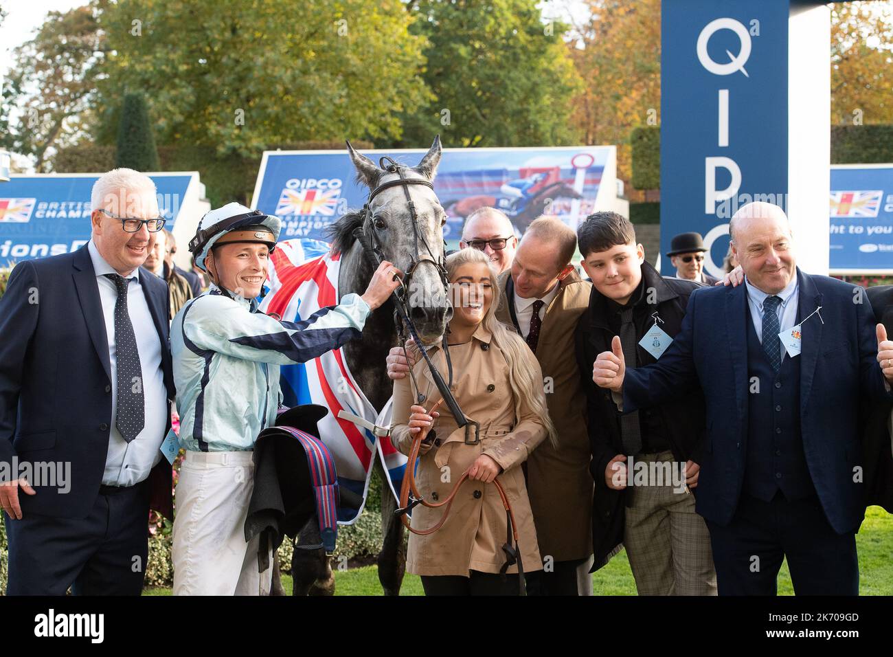 Ascot, Berkshire, UK. 15th October, 2022. Horse Shelir ridden by jockey Jason Watson wins the Balmoral Handicap Stakes (Class 2) Race at the QIPCO British Champions Day at Ascot Racecourse. Owner Akela Thoroughbreds Ltd. Trainer David O'Meara, Upper Helmsley. Breeder HH The Aga Khan's Studs SC2. Sponsor Akela Plant Hire Ltd. Credit: Maureen McLean/Alamy Live News Stock Photo