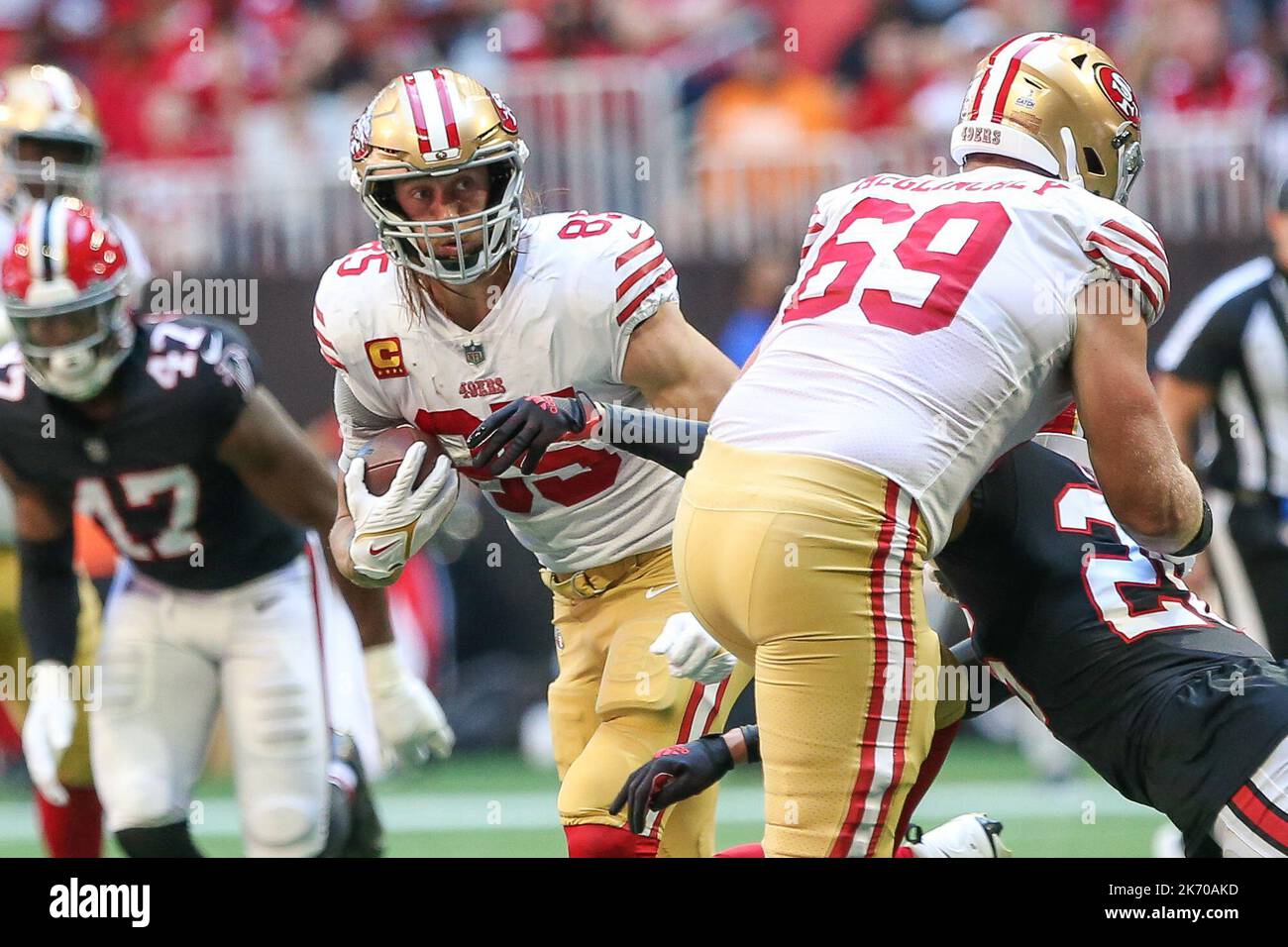 San Francisco 49ers tight end George Kittle (85) warms up before an NFL  football game against the Carolina Panthers on Sunday, Oct. 09, 2022, in  Charlotte, N.C. (AP Photo/Rusty Jones Stock Photo - Alamy