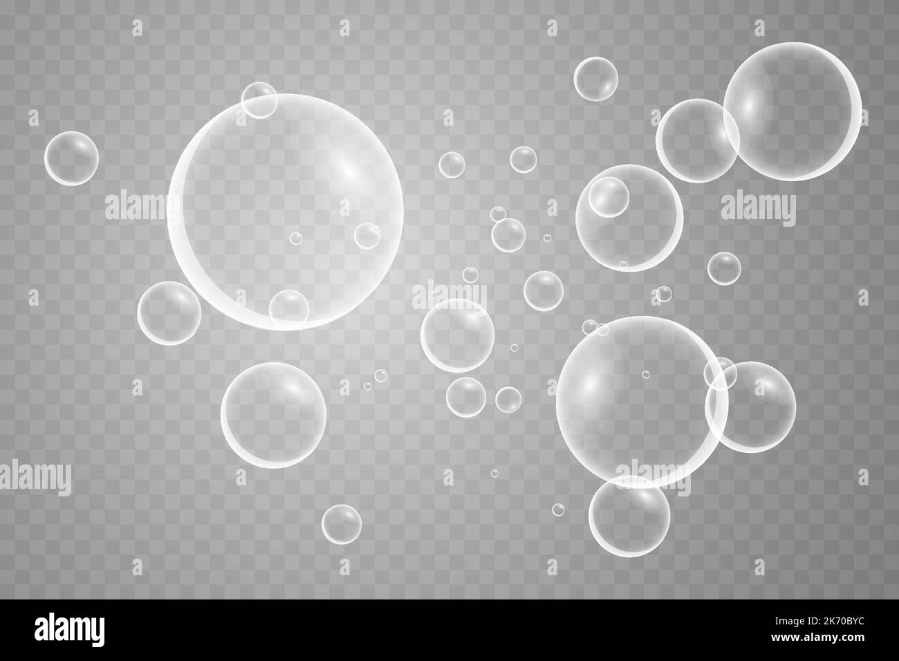 A set of colorful and colorful soap bubbles to create a design. Isolated, transparent, realistic