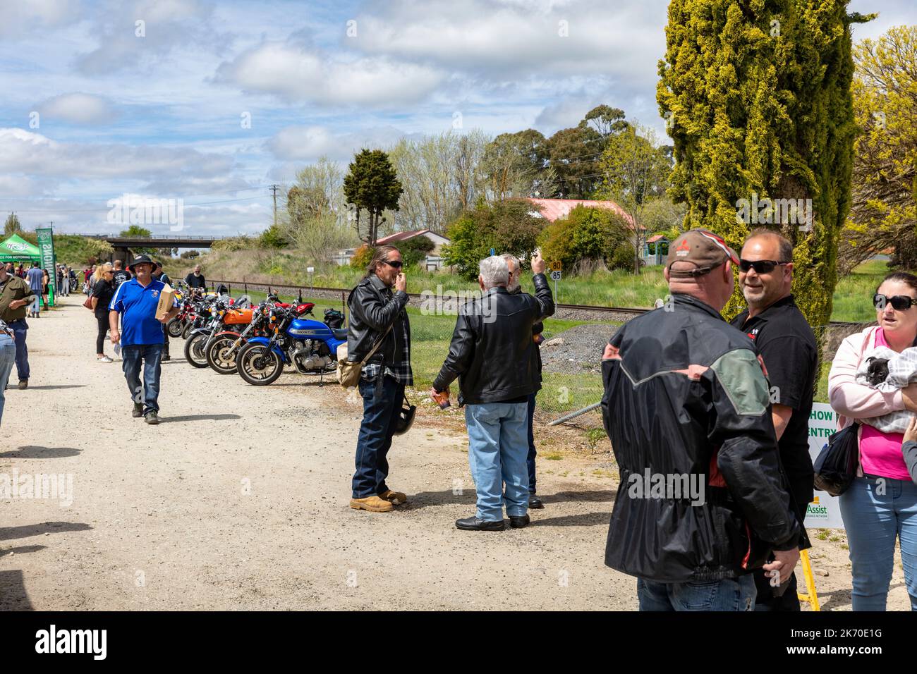 Orange motorcycle club for classic and cafe racer bikes assemble in Millthorpe village, a heritage town village, New South Wales,Australia,spring day Stock Photo