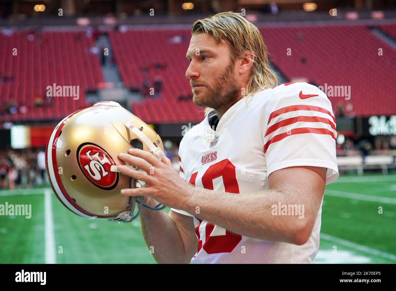 San Francisco 49ers long snapper Taybor Pepper (46) stands on the field  with punter Mitch Wishnowsky (18) before an NFL football game against the  Tampa Bay Buccaneers, Sunday, Dec.11, 2022, in Santa