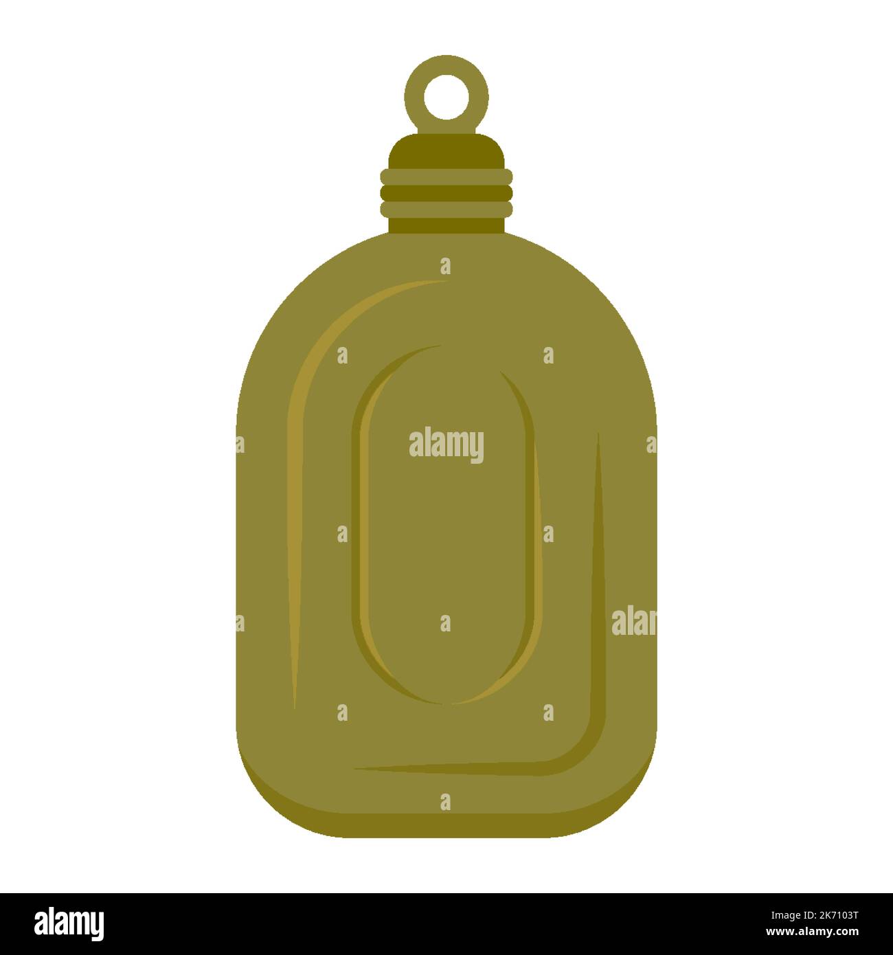 Military flask metal water bottle army green flat. Water storage capacity equipment travel bottle soldier ammunition travel survival outfit desert metal khaki camping quench thirst hunter isolated Stock Vector