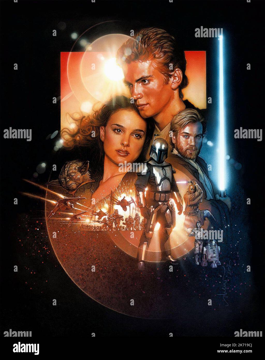 NATALIE PORTMAN, HAYDEN CHRISTENSEN, EWAN MCGREGOR ARTWORK, STAR WARS: EPISODE II - ATTACK OF THE CLONES, 2002 Stock Photo