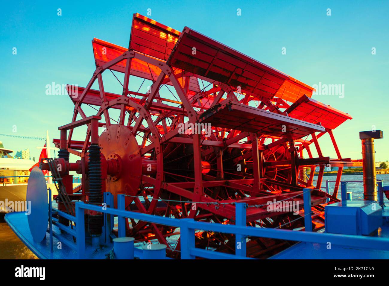 Steamboat Paddle Wheel . Riverboat cruising boat . Move through the water Stock Photo