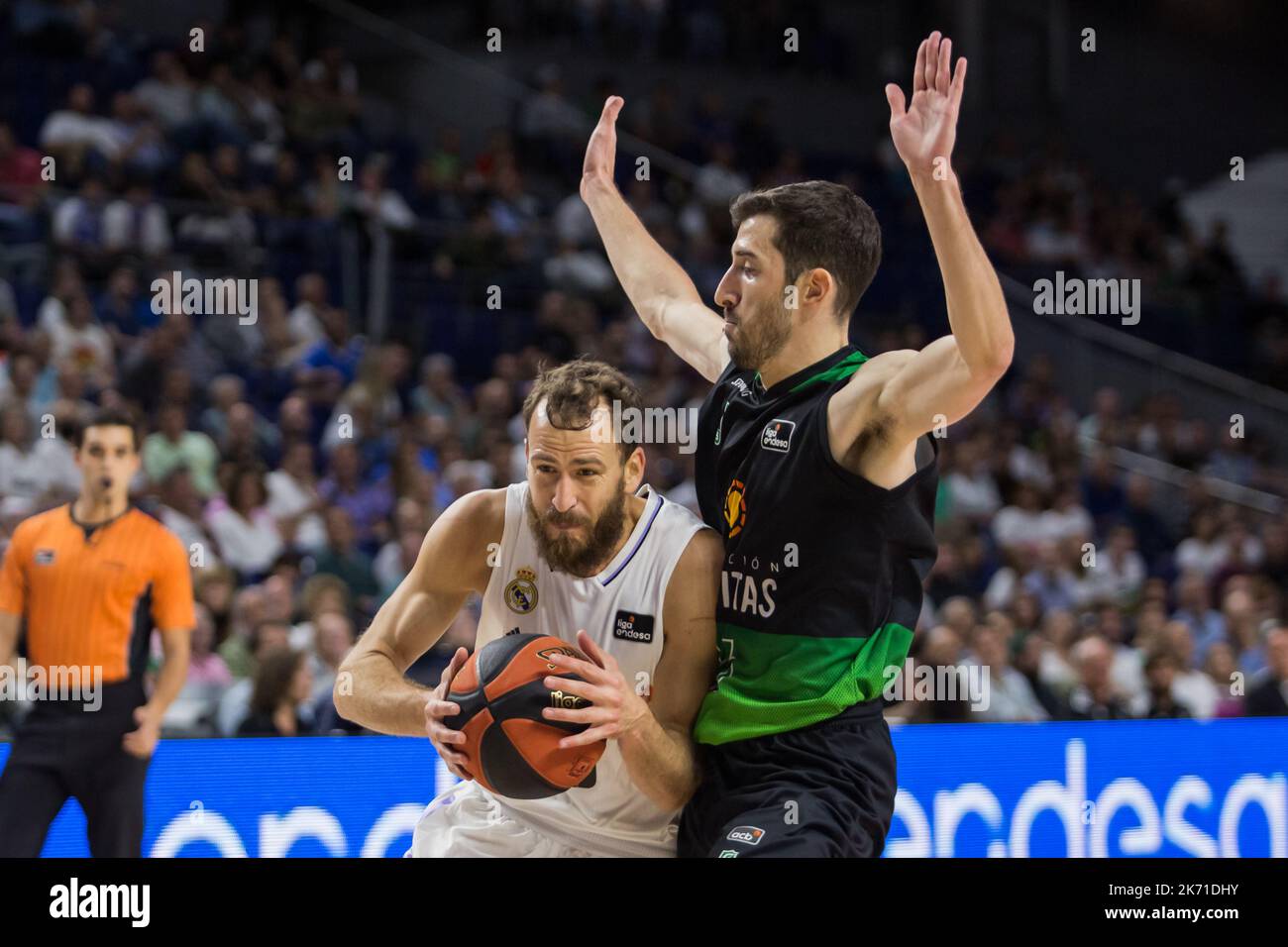 Madrid, Spain. 16th Oct, 2022. Sergio Rodríguez (L) and Guillem vives (R)during Real Madrid victory over Joventut Badalona 96 - 79 in Liga Endesa regular season game (day 4) celebrated in at WiZink Center (Madrid, Spain). October 16th 2022. (Photo by Juan Carlos García Mate/Pacific Press) Credit: Pacific Press Media Production Corp./Alamy Live News Stock Photo