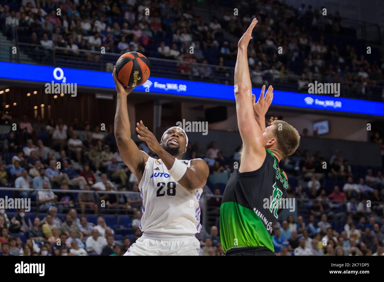 Madrid, Spain. 16th Oct, 2022. Guerschon Yabusele (L) and Joel Parra (R)during Real Madrid victory over Joventut Badalona 96 - 79 in Liga Endesa regular season game (day 4) celebrated in at WiZink Center (Madrid, Spain). October 16th 2022. (Photo by Juan Carlos García Mate/Pacific Press) Credit: Pacific Press Media Production Corp./Alamy Live News Stock Photo