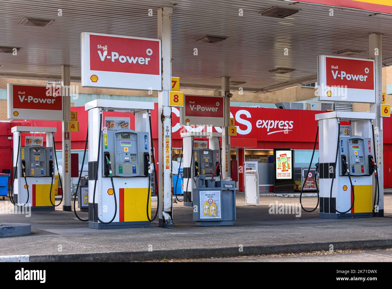 Fuel pumps at a Shell service station in Sydney, Australia Stock Photo