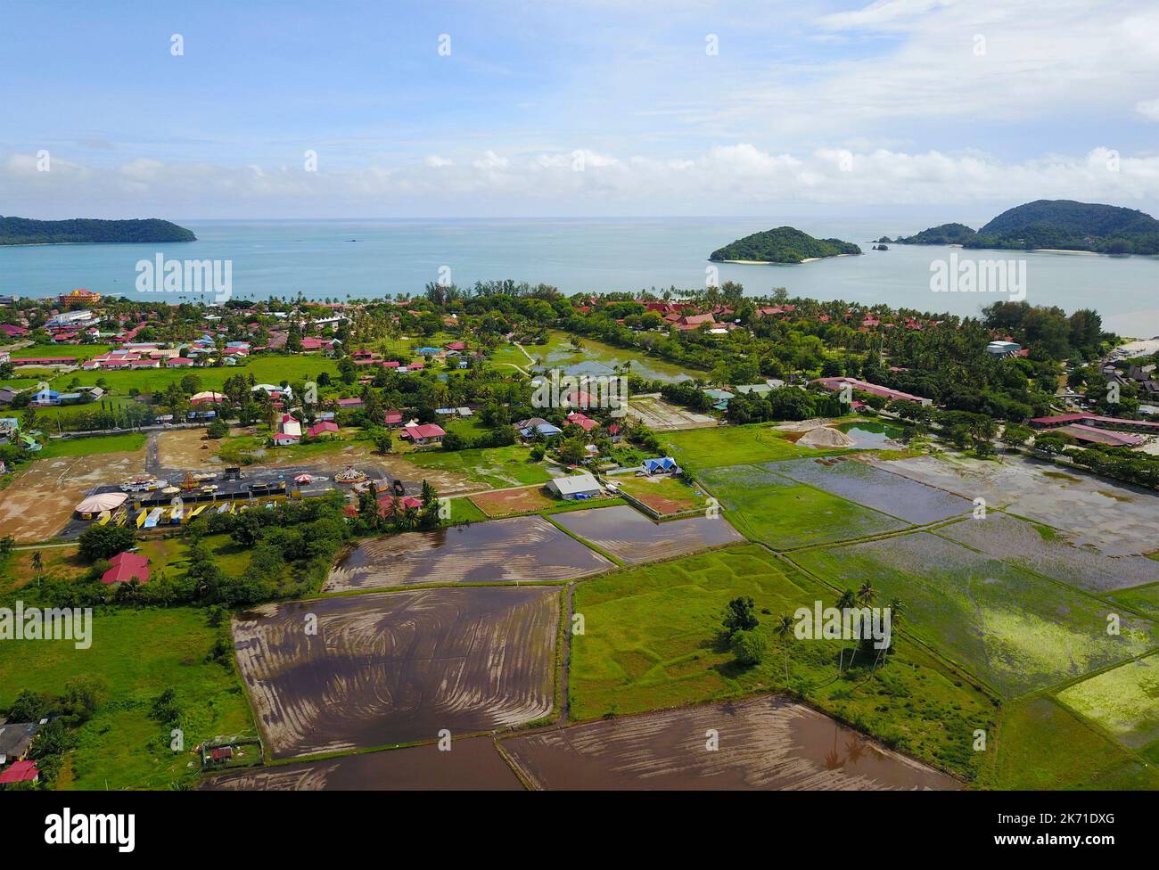 Arial view of beatiful green paddy field with blue sky at Langkawi