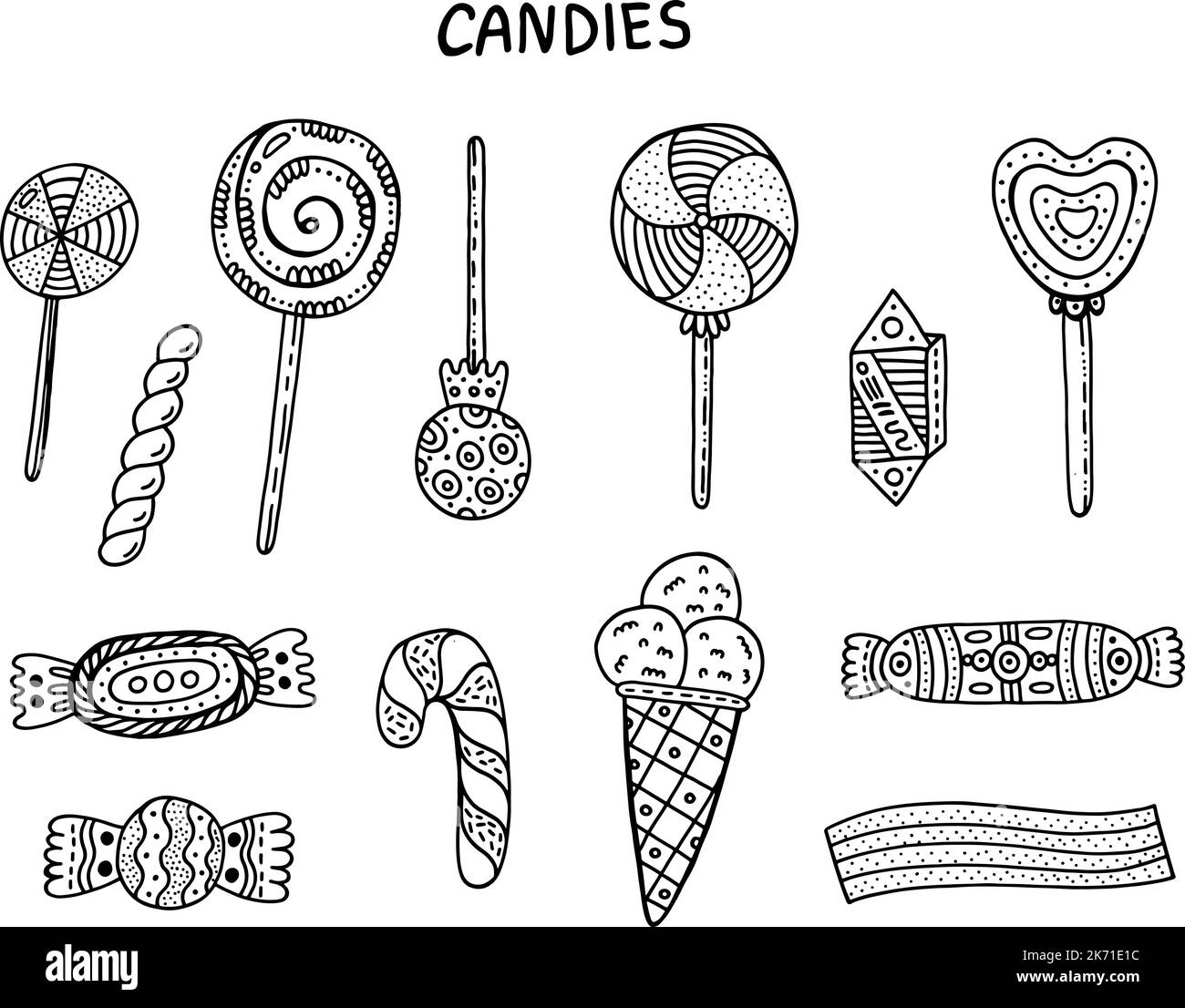 Line art candies collection. Sketch art of tasty food. Lollipops vector ...