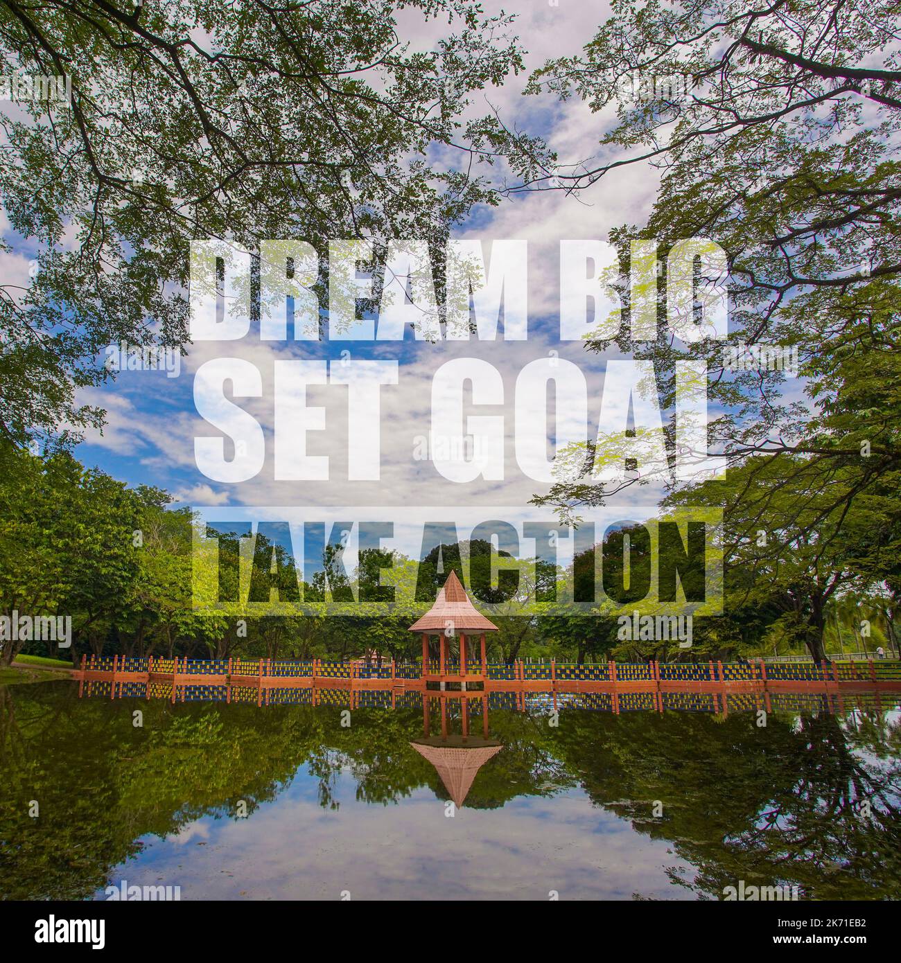 Motivational quotes "dream big set goal take action" on nature