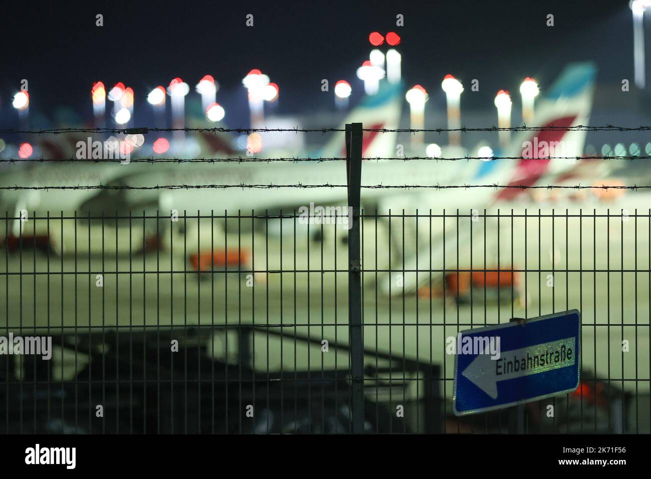Hamburg, Germany. 17th Oct, 2022. Machines of the airline Eurowings stand dark and without crew or ground staff at night at Hamburg Airport. The Vereinigung Cockpit union has called on Eurowings pilots to walk off the job from 00:00 on Monday, (Oct. 17) to Wednesday (Oct. 19) inclusive. The industrial action has begun as planned, said a spokesman for the Vereinigung Cockpit (VC) pilots' union. No further offer had been submitted. Credit: Bodo Marks/dpa/Alamy Live News Stock Photo