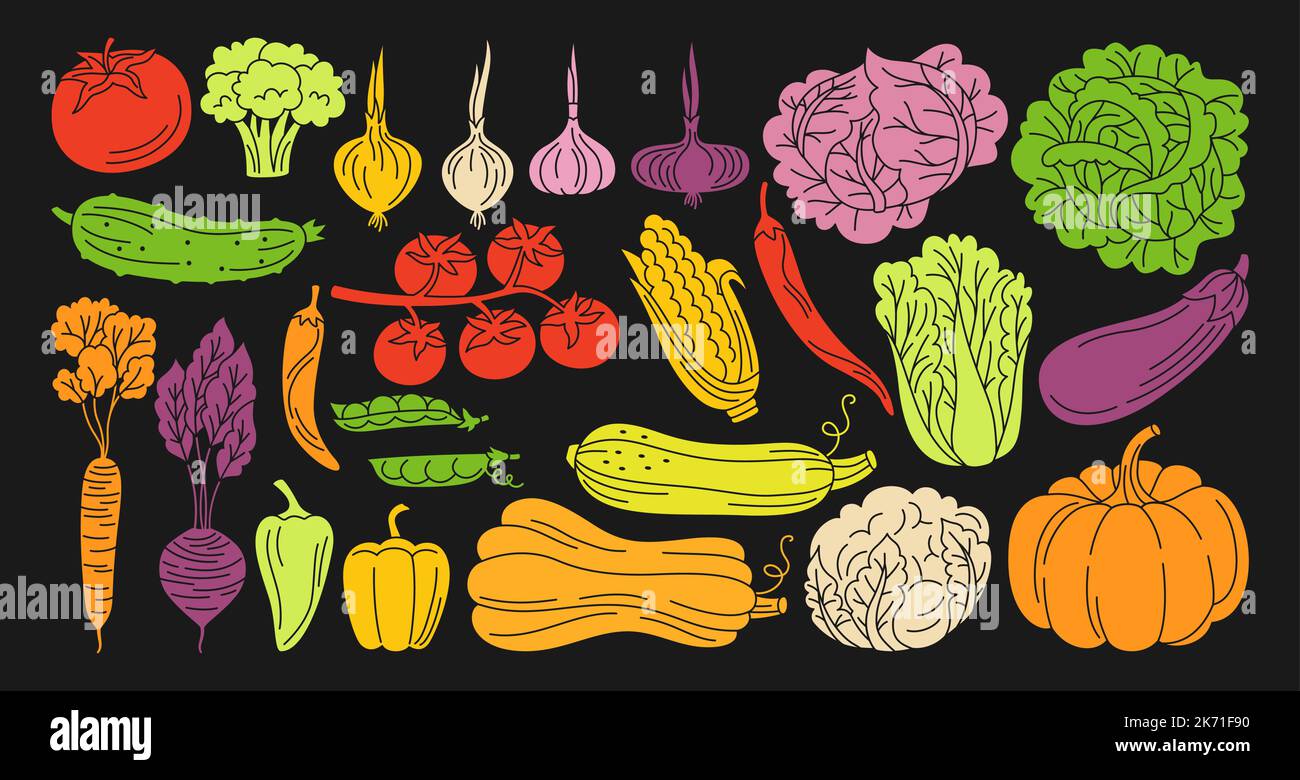 Vegetables hand drawn set. Healthy diet food farm product veggies ...