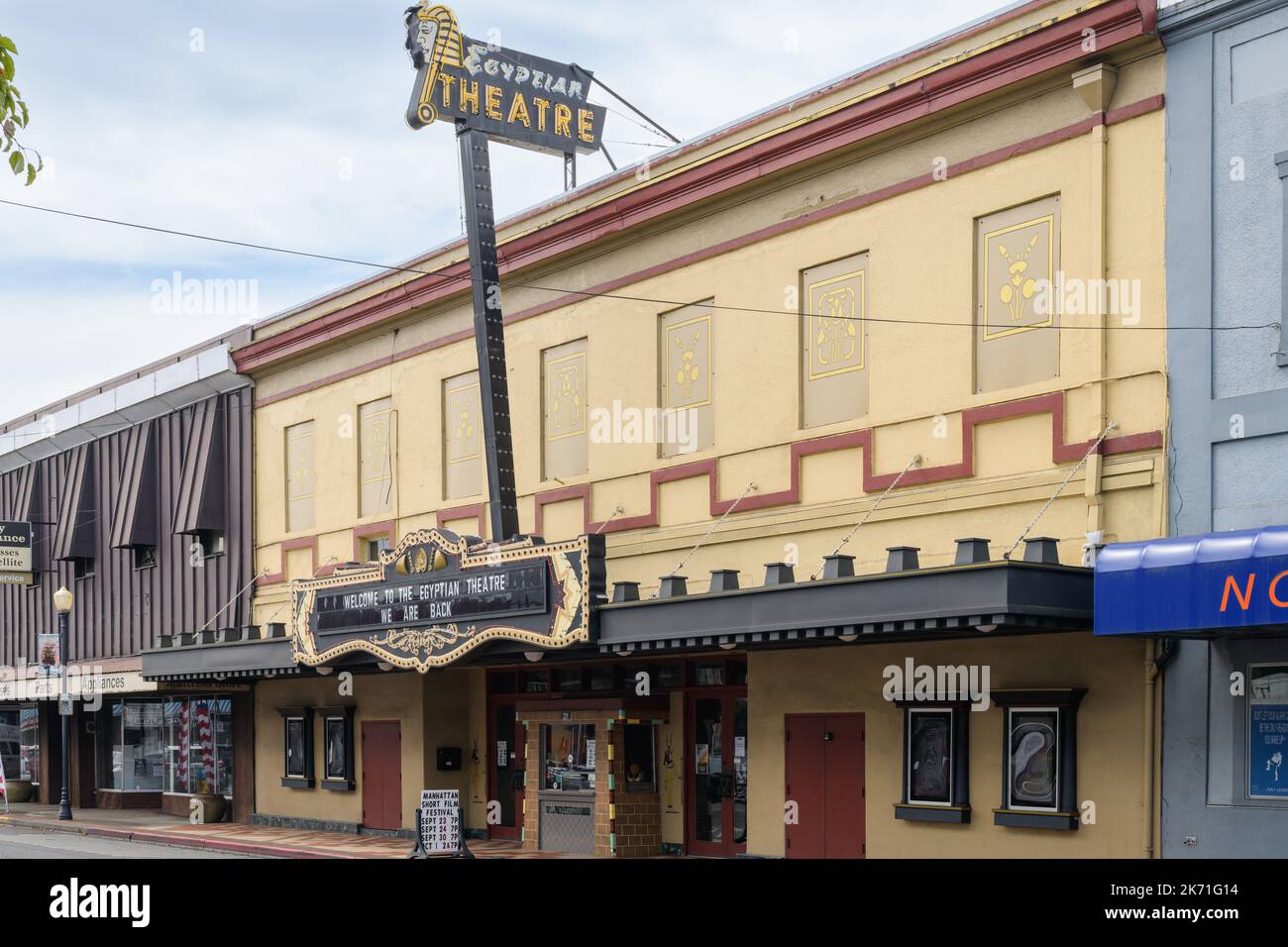 Coos Bay, OR, USA - September 18, 2022; Facade and sign of Egyptian Theatre in Coos Bay Oregon Stock Photo