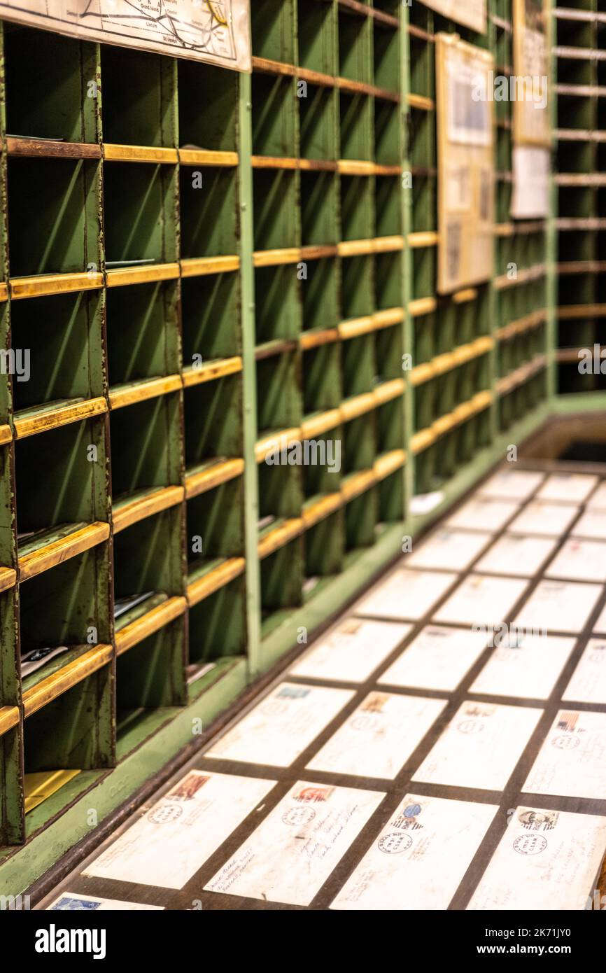 mail sorting boxes on a mail train car Stock Photo Alamy