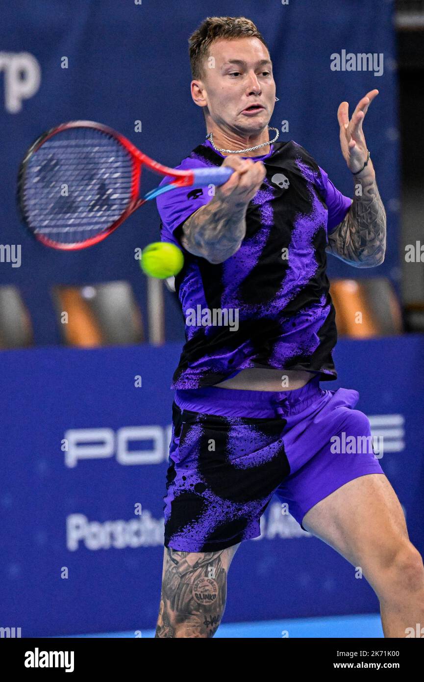 Kazach Denis Yevseyev pictured in action during the qualification game  between Dutch Van Rijthoven and Kazach Yevseyev at the European Open Tennis  ATP tournament, in Antwerp, Sunday 16 October 2022. BELGA PHOTO
