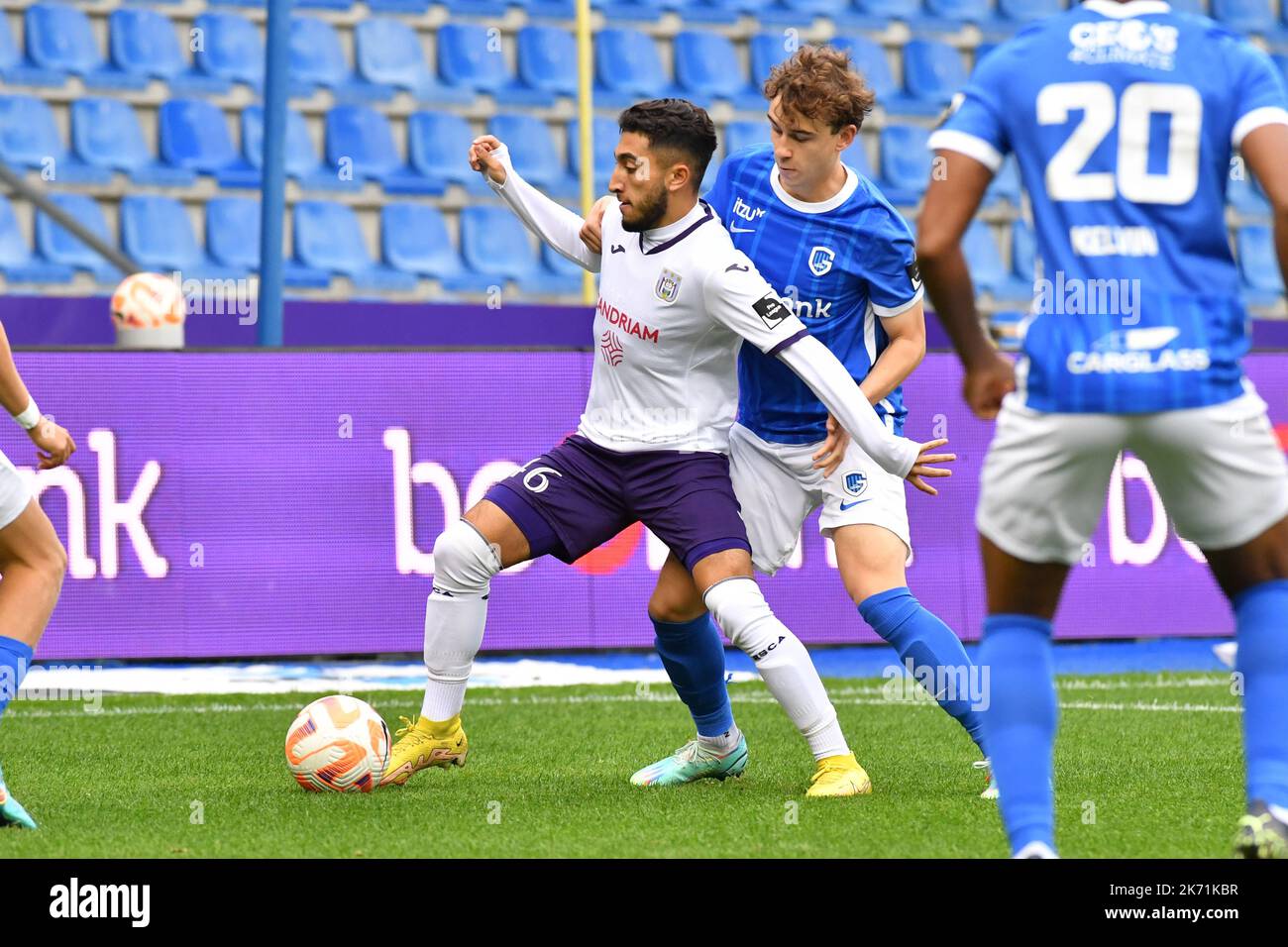 RSCA Futures' Anouar Ait El Hadj and Jong Genk's Kamiel Van de Perre pictured in action during a soccer match between Jong Genk (u23) and RSCA Futures (u23), Sunday 16 October 2022 in Genk, on day 9 of the 2022-2023 'Challenger Pro League' 1B second division of the Belgian championship. BELGA PHOTO JILL DELSAUX Stock Photo