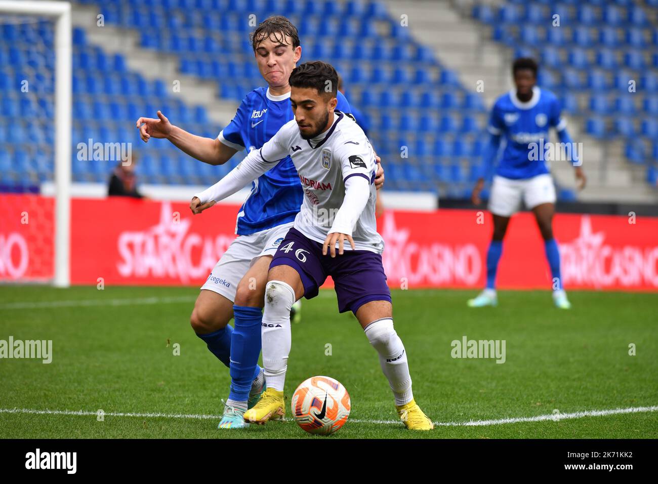 Jong Genk's Kamiel Van de Perre and RSCA Futures' Anouar Ait El Hadj pictured in action during a soccer match between Jong Genk (u23) and RSCA Futures (u23), Sunday 16 October 2022 in Genk, on day 9 of the 2022-2023 'Challenger Pro League' 1B second division of the Belgian championship. BELGA PHOTO JILL DELSAUX Stock Photo