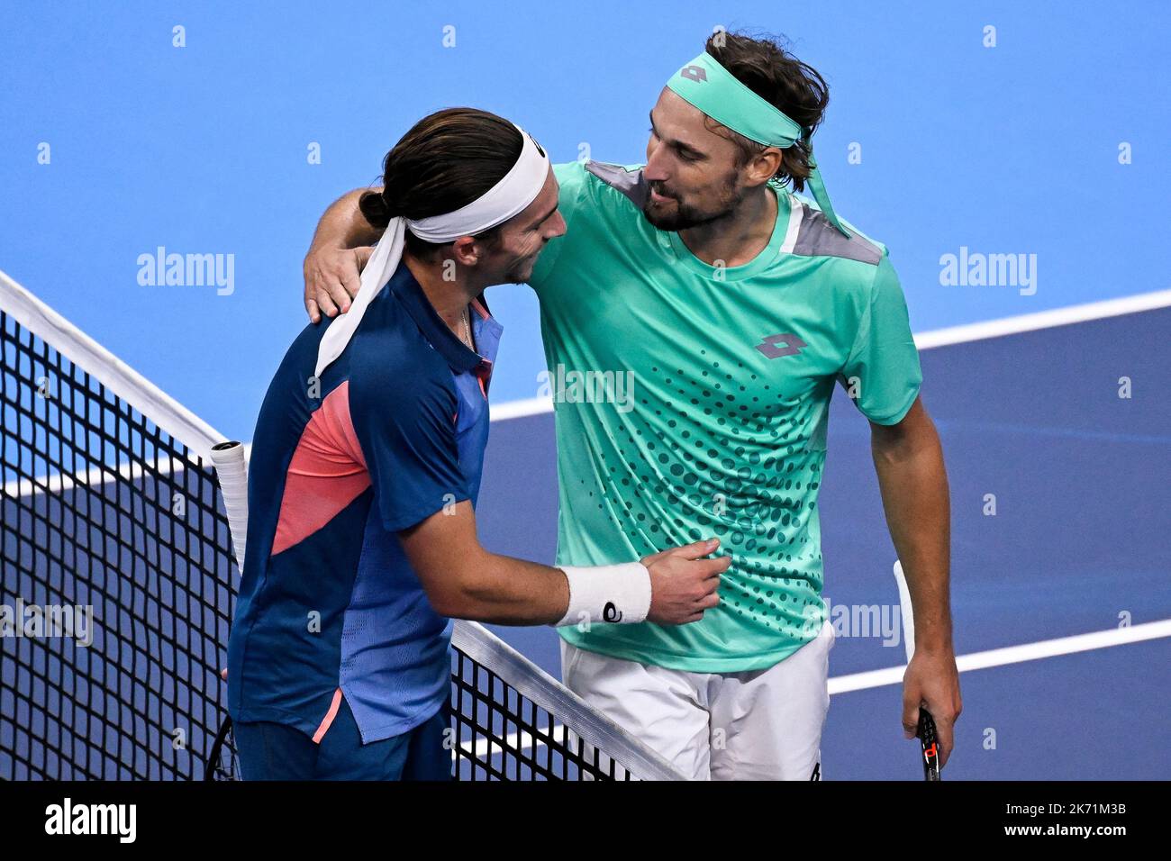 French Geoffrey Blancaneaux and Belgian Ruben Bemelmans pictured after the  qualification game between French Blancaneaux and Belgian Bemelmans at the  European Open Tennis ATP tournament, in Antwerp, Sunday 16 October 2022.  BELGA