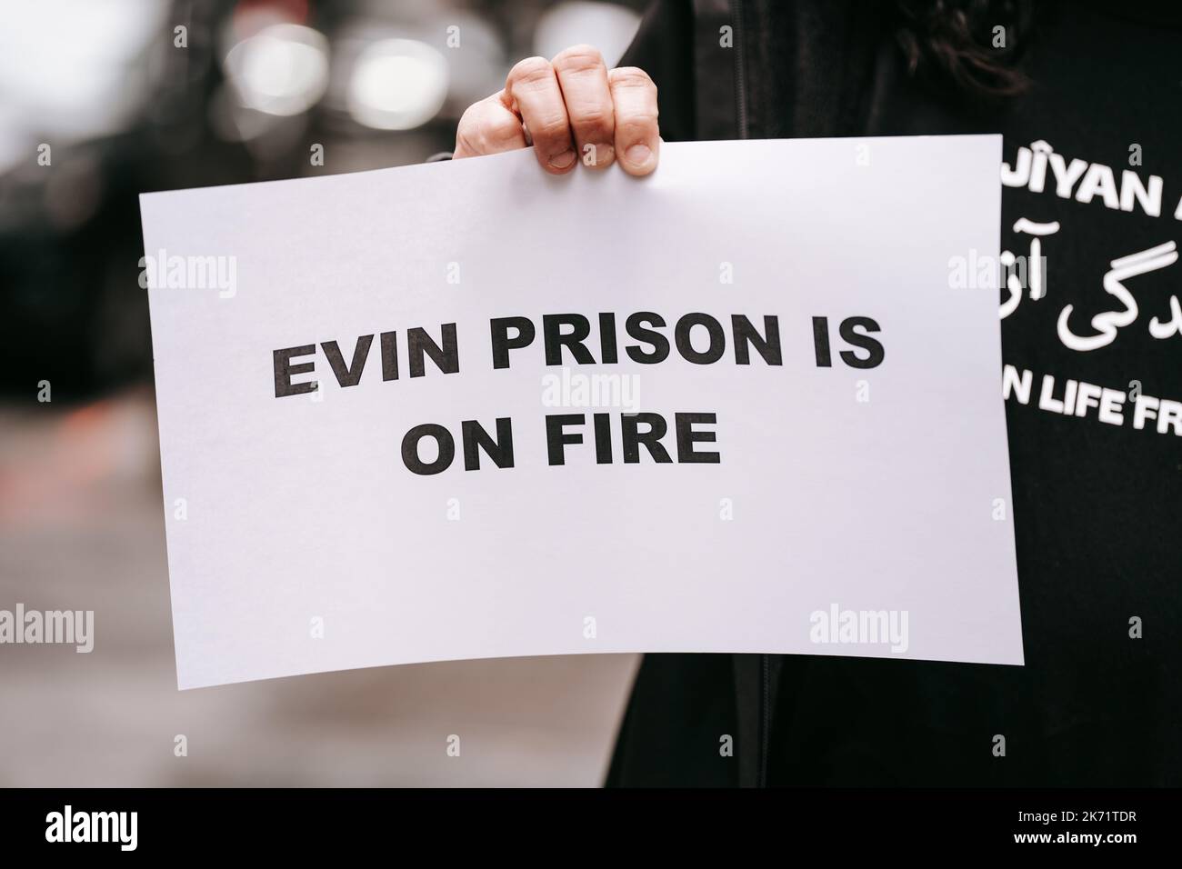 New York, United States. 16th Oct, 2022. A protester holds a placard