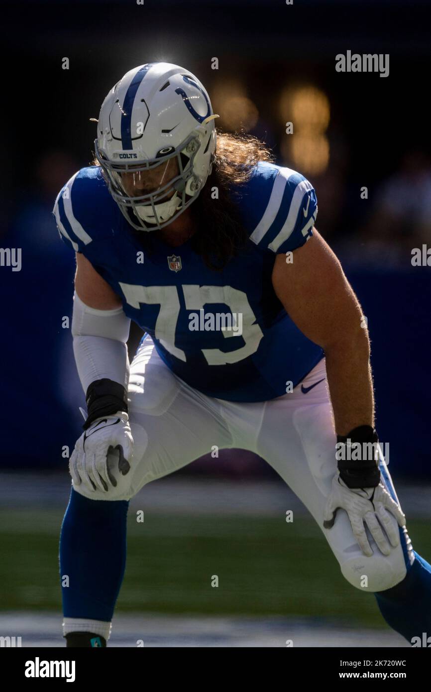 Indianapolis, Indiana, USA. 16th Oct, 2022. Indianapolis Colts offensive lineman Dennis Kelly (73) during NFL football game action between the Jacksonville Jaguars and the Indianapolis Colts at Lucas Oil Stadium in Indianapolis, Indiana. Indianapolis defeated Jacksonville 34-27. John Mersits/CSM/Alamy Live News Stock Photo