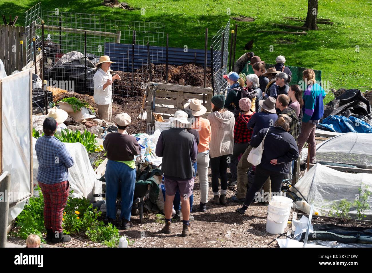 A group of permaculture students attending a composting workshop on a small urban farm in the suburbs of Hobart, Tasmania Stock Photo