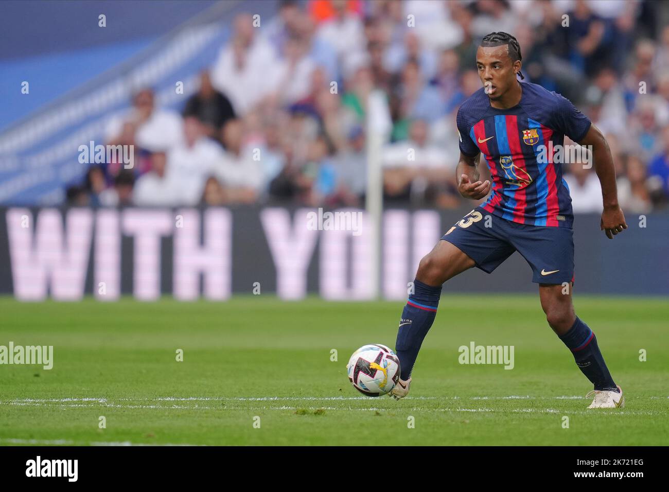 Jules Kounde of FC Barcelona during the La Liga match between Real Madrid and FC Barcelona played at Santiago Bernabeu Stadium on October 16, 2022 in Madrid, Spain. (Photo by Colas Buera / PRESSIN) Stock Photo