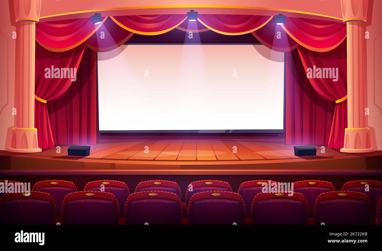 Movie theater with white screen, wooden stage, red curtains, spotlights, columns and auditorium chairs. Empty theatre interior with blank cinema screen, seats, vector cartoon illustration Stock Vector