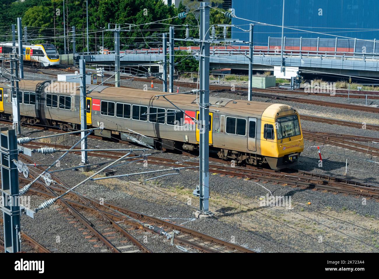 Brisbane, Australia - Aug 5, 2022: Close-up view of passenger train in Brisbane, Australia Stock Photo