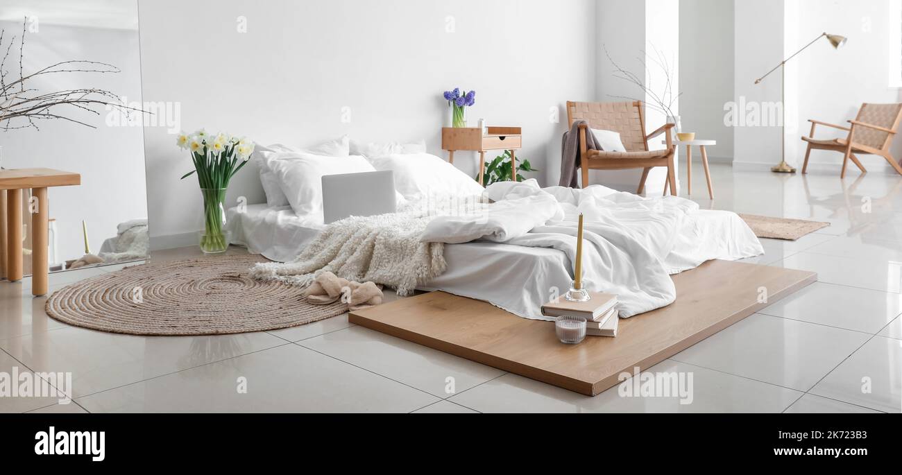 Picture of Interior of light bedroom in Scandinavian style Stock Photo - Alamy