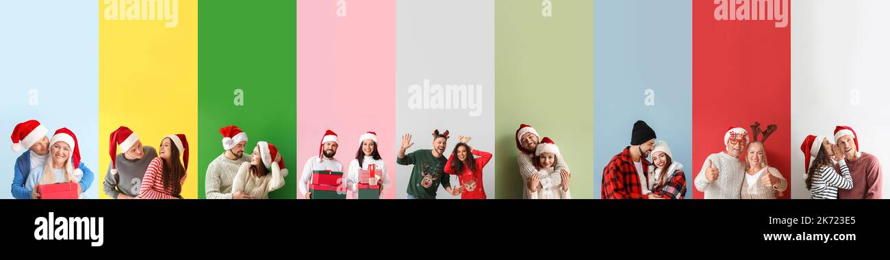 Collection of happy couples on color background. Happy New Year and Merry Christmas Stock Photo