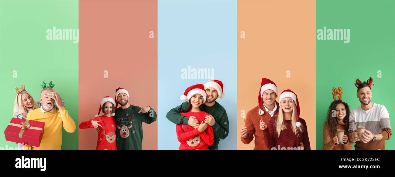 Group of happy couples on color background. Happy New Year and Merry Christmas Stock Photo
