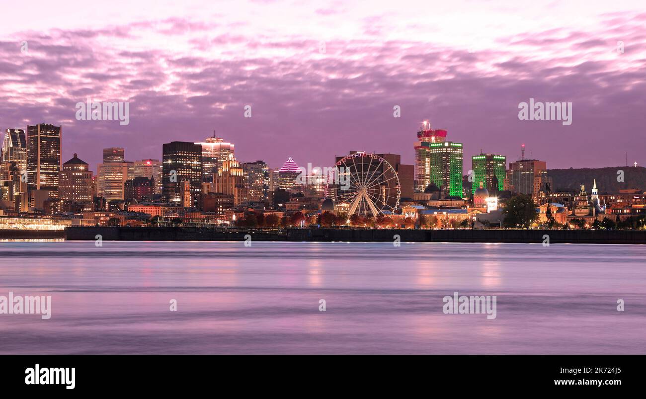 Montreal skyline and St Lawrence River at dusk in autumn, Quebec, Canada Stock Photo