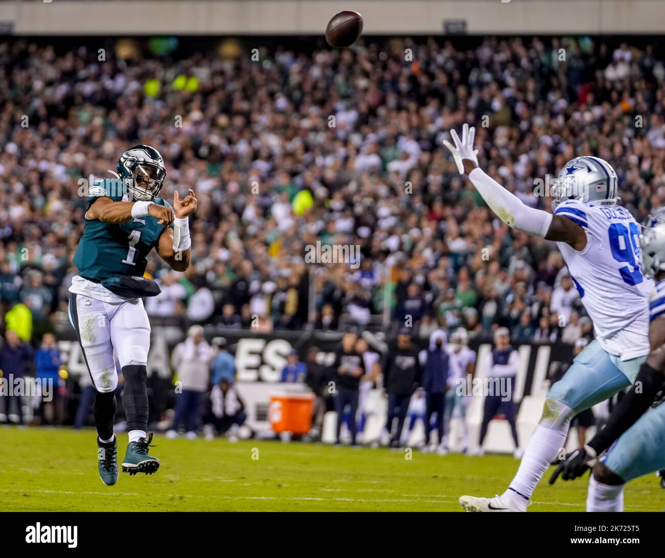 Dallas Cowboys defensive end Chauncey Golston (59) walks off the field  after the playing the Philadelphia Eagles in an NFL football game in  Arlington, Texas, Monday, Sept. 27, 2021. (AP Photo/Ron Jenkins