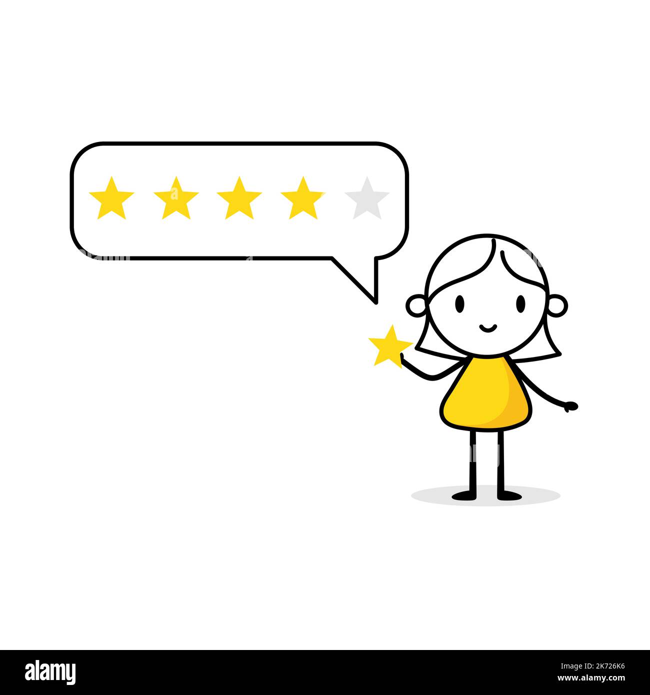 Woman character giving five stars positive feedback. Customer reviews