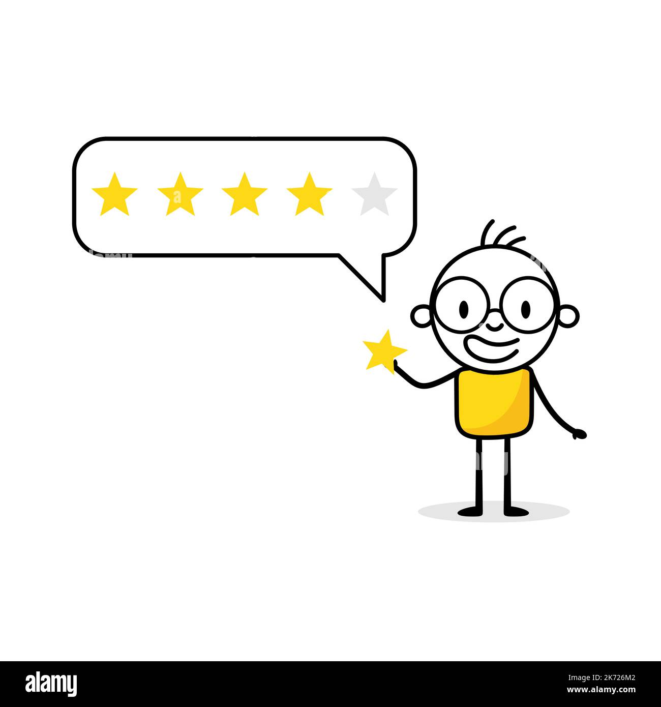 Man character giving five stars positive feedback. Customer reviews