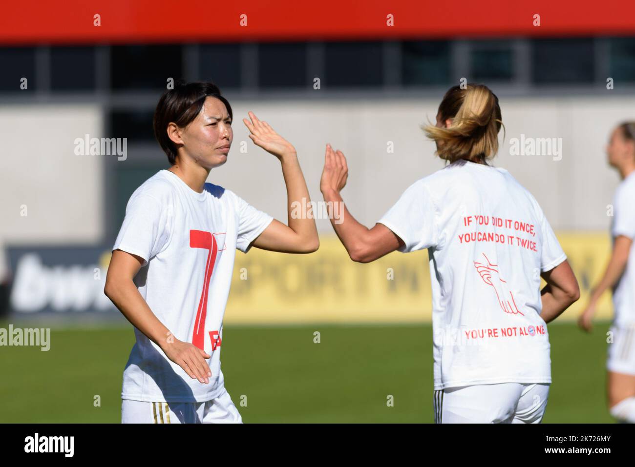 Bayern's Giulia Gwinn heads the ball during the women's quarterfinal Champions  League first leg soccer match between Bayern Munich and Paris Saint-Germain  in Munich, Germany, Tuesday, March 22, 2022. (AP Photo/Matthias Schrader