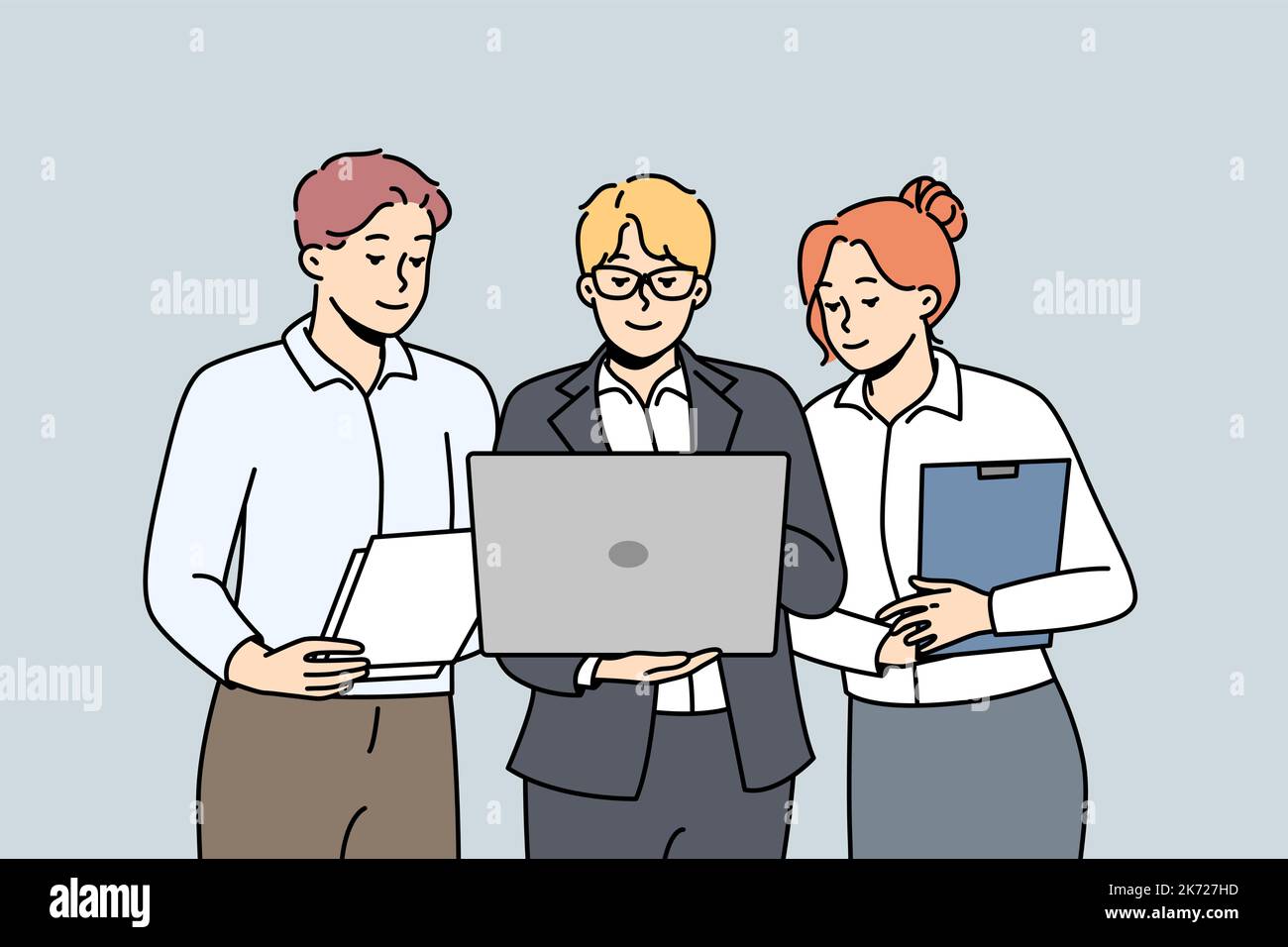 Man in glasses demonstrates business presentation on laptop to