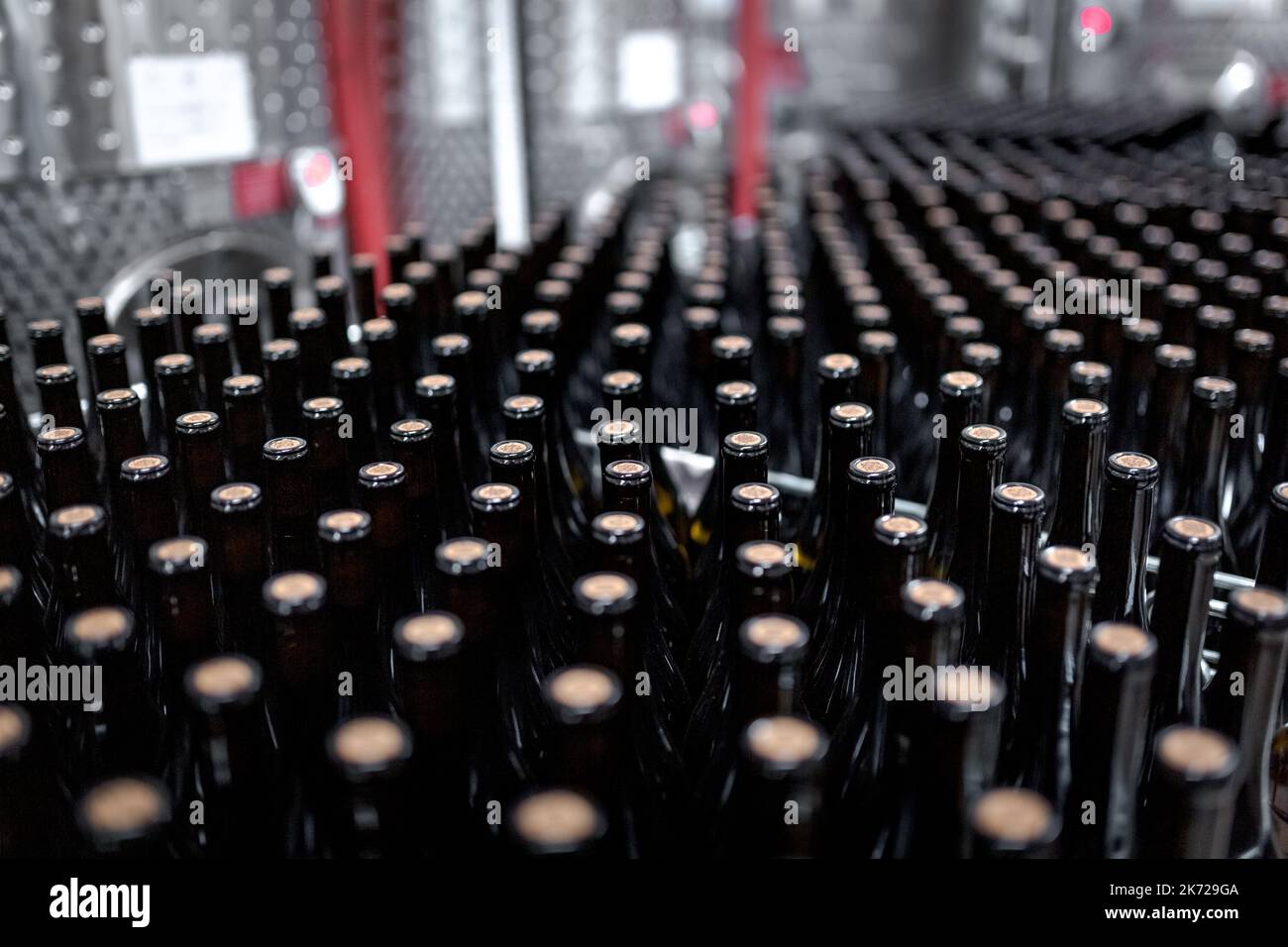 Wine bottles at winery production side view Stock Photo Alamy