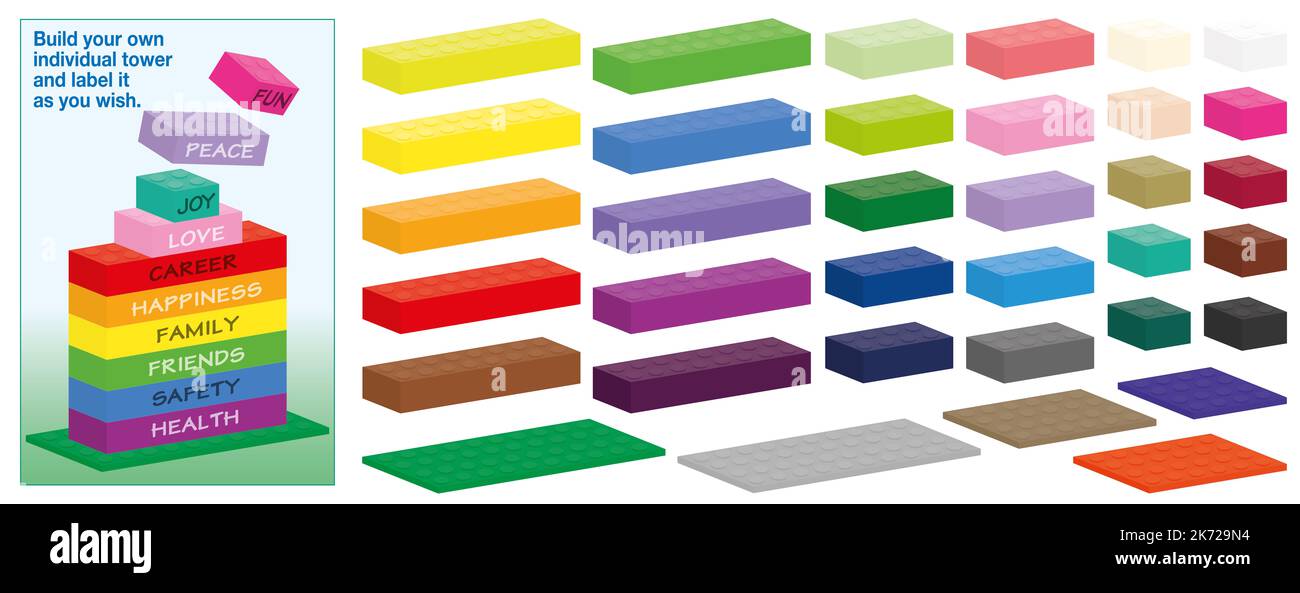 Plastic building blocks kit, colored individual parts to put together and label it with catchwords listed hierarchically. Stock Photo